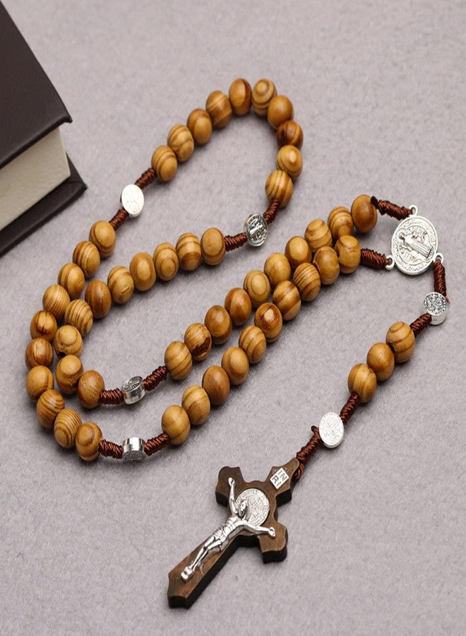 CHENGXIN PLESIU 2 Pack Wooden Rosary Beads Catholic for Men, Saint Benedict Handmade Jesus Statue Cross Pendant Rosary Necklace - Image 2